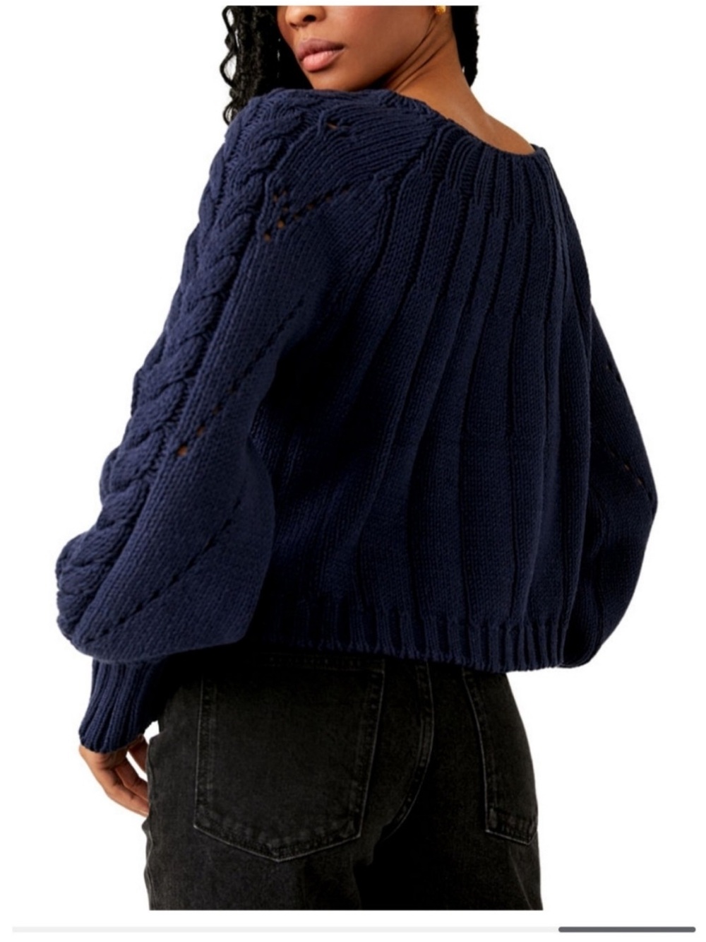 Free People Navy Pointelle and Cable Knit Sweater with Blouson Sleeves - Picture 6 of 13